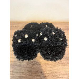 Nine West Women's Fuzzy Furry Slippers Black W/pearls Size 5-6 Indoor Outdoor
